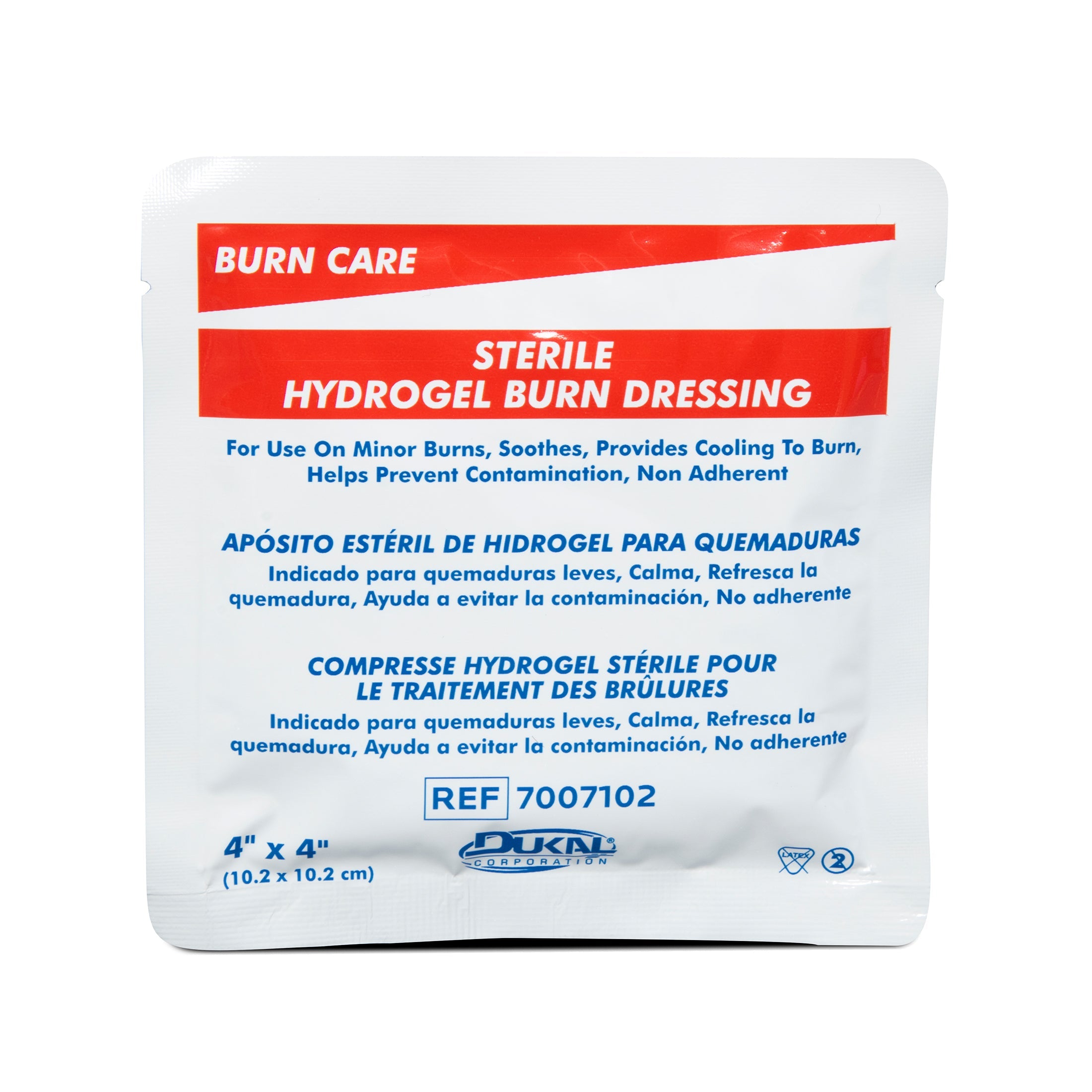 Sterile 4x4 inch burn dressing by Dukal for burn treatment, shown in the image with sterile packaging and dressing material.