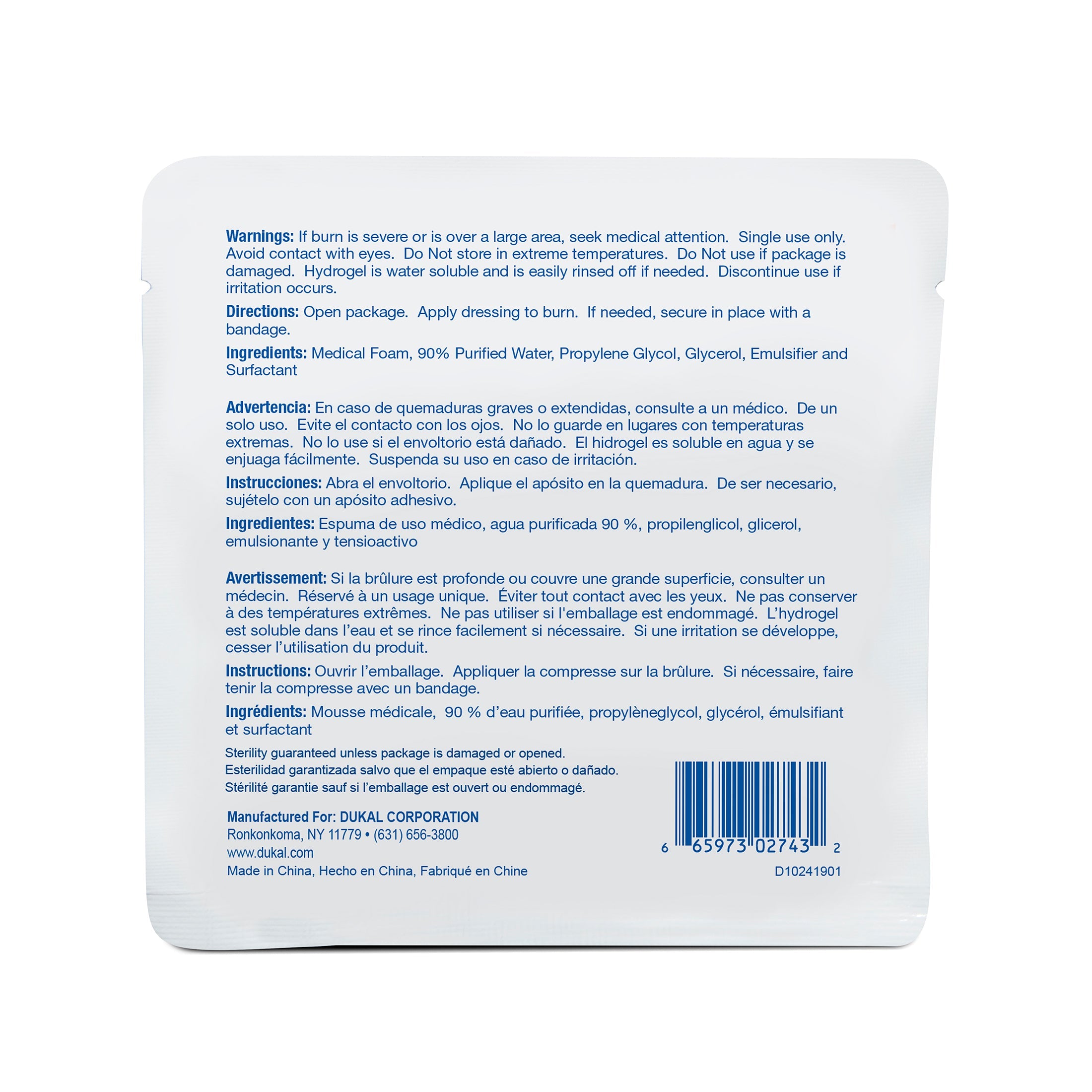 Sterile 4x4-inch burn dressing by Dukal, used for burn treatment, with sterile gauze and packaging visible.