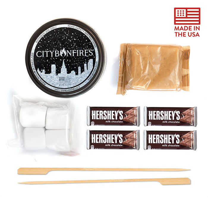 City Bonfires S'mores Night Pack featuring chocolate ingredients for outdoor camping fun.