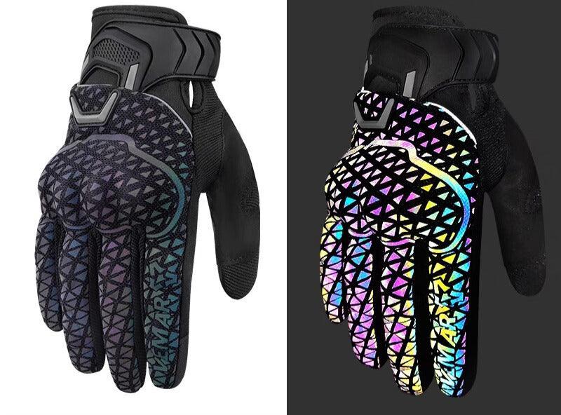 VEMAR™ Night Elf reflective motorcycle gloves with black and neon accents, designed for safety and visibility while riding.