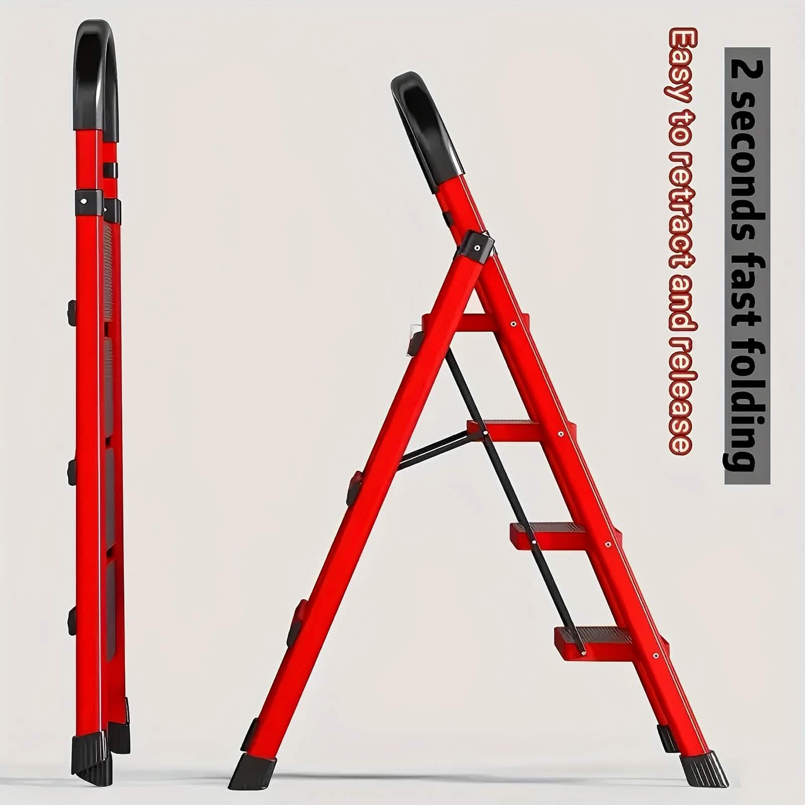 Portable steel folding 3/4-step ladder with anti-slip steps, ideal for kitchen use and versatile home tasks.