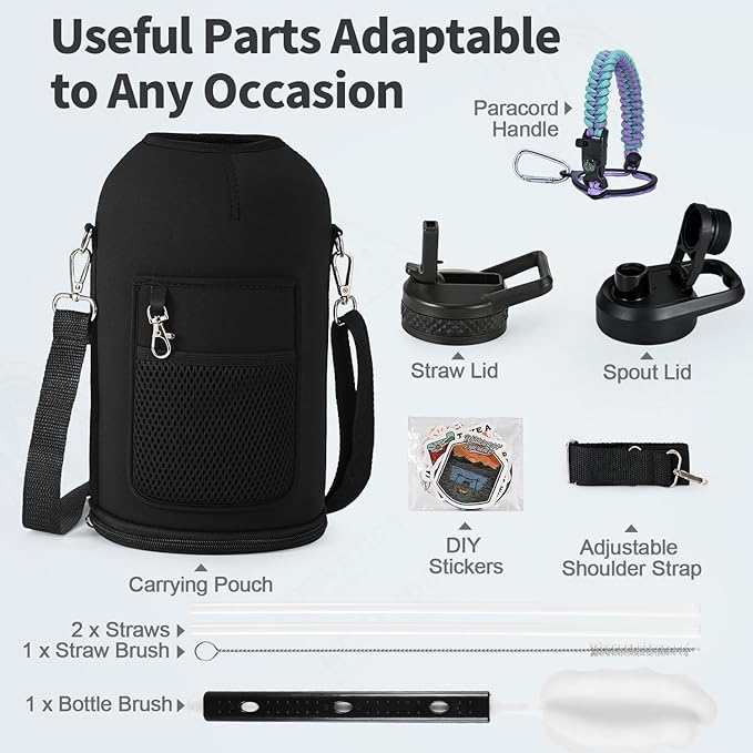One Gallon Water Bottle Insulated, Triple Wall Vacuum Cold for 48 Hrs & Leak-proof & Non-BPA, 128oz Large Sports Stainless Steel Water Jug with Paracord Handle Straw Spout Lids & DIY Stickers - OVERLANDERS Outfitter
