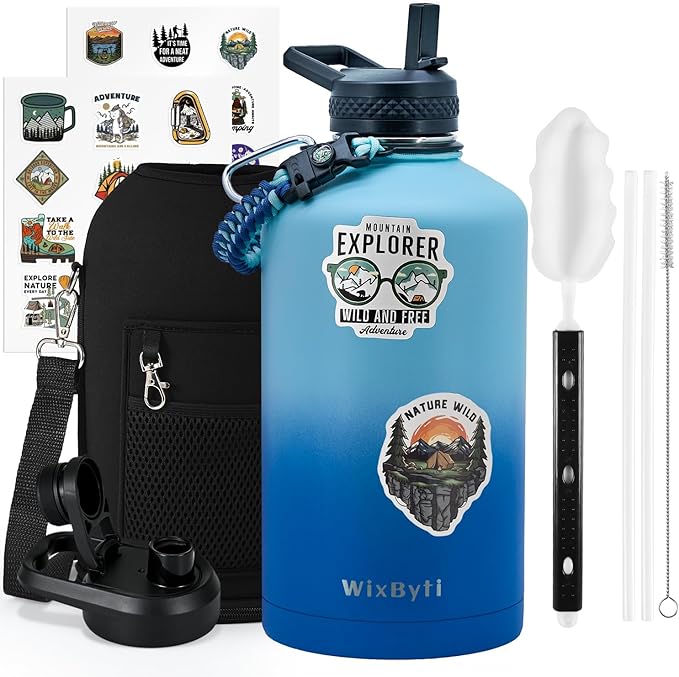 One Gallon Water Bottle Insulated, Triple Wall Vacuum Cold for 48 Hrs & Leak-proof & Non-BPA, 128oz Large Sports Stainless Steel Water Jug with Paracord Handle Straw Spout Lids & DIY Stickers - OVERLANDERS Outfitter