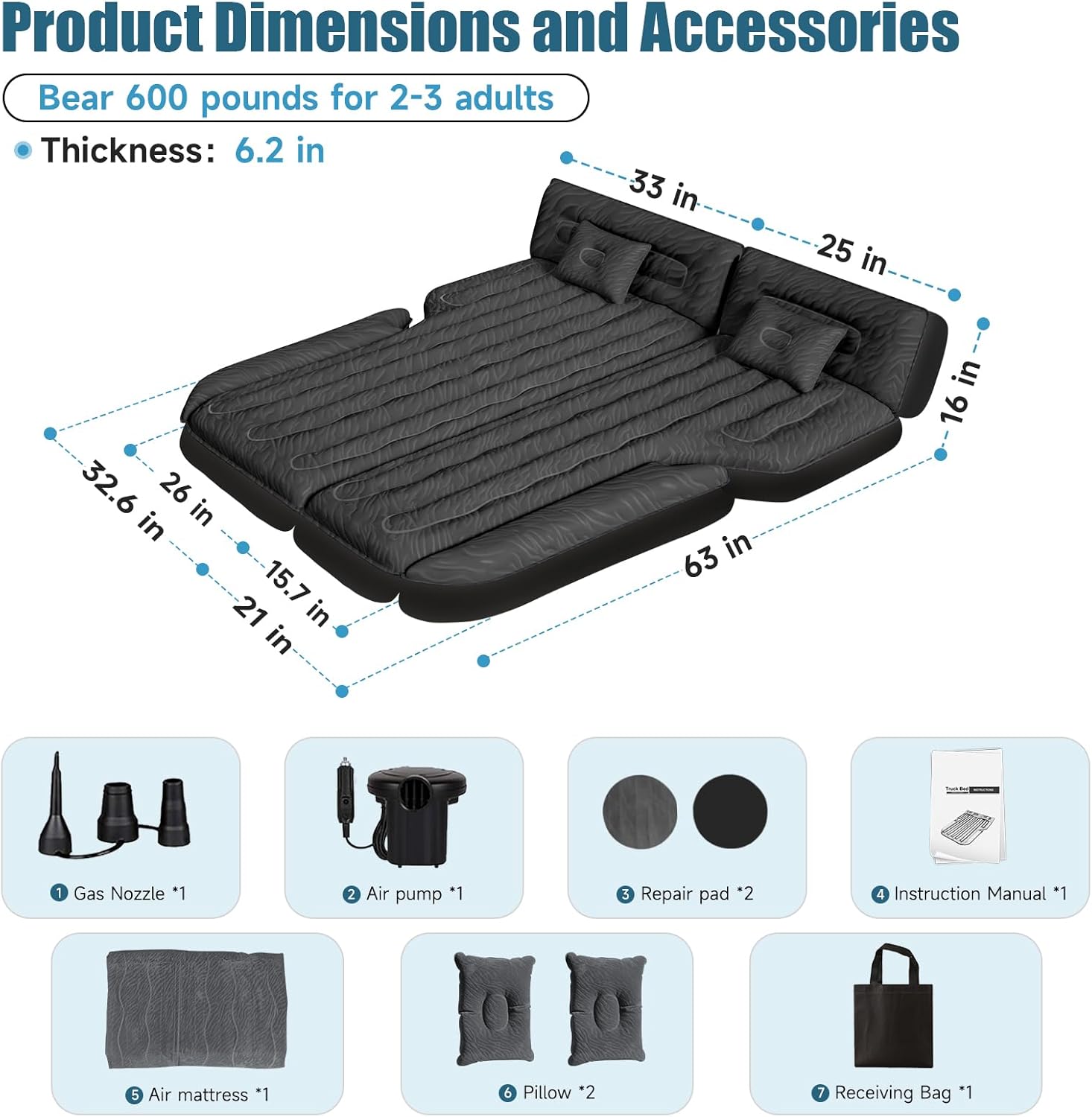 DikaSun 63in Extended SUV Mattress — Quick Inflate, Includes Pump & 2 Pillows,Black - OVERLANDERS Outfitter