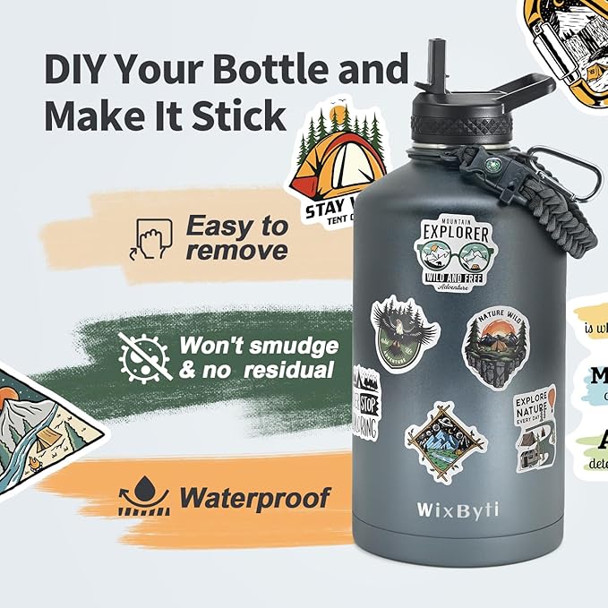 One Gallon Water Bottle Insulated with DIY Stickers, Triple Wall Vacuum Cold for 48 Hrs Leak-proof Non-BPA, 128oz Large Sports Stainless Steel Water Jug with Paracord Handle Straw Spout Lids - OVERLANDERS Outfitter