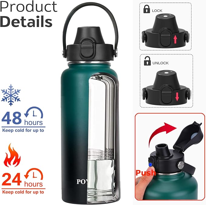 Water Bottle Insulated 32oz 40oz 64oz 128oz Straw Lid Spout Lid & 3 Lids, Leak Proof, Vacuum Insulated,Stainless Steel Water Bottle Wide Mouth for Sports, Gym or Office - OVERLANDERS Outfitter