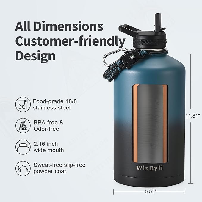 One Gallon Water Bottle Insulated with DIY Stickers, Triple Wall Vacuum Cold for 48 Hrs Leak-proof Non-BPA, 128oz Large Sports Stainless Steel Water Jug with Paracord Handle Straw Spout Lids - OVERLANDERS Outfitter