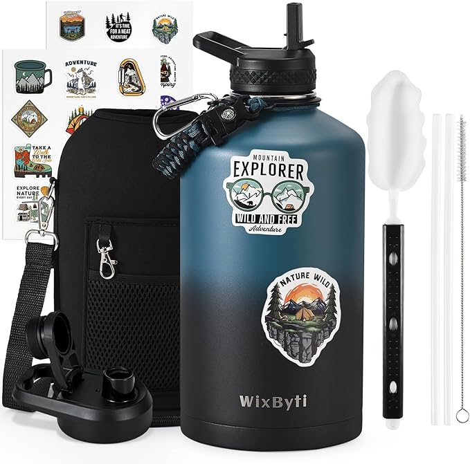One Gallon Water Bottle Insulated with DIY Stickers, Triple Wall Vacuum Cold for 48 Hrs Leak-proof Non-BPA, 128oz Large Sports Stainless Steel Water Jug with Paracord Handle Straw Spout Lids - OVERLANDERS Outfitter