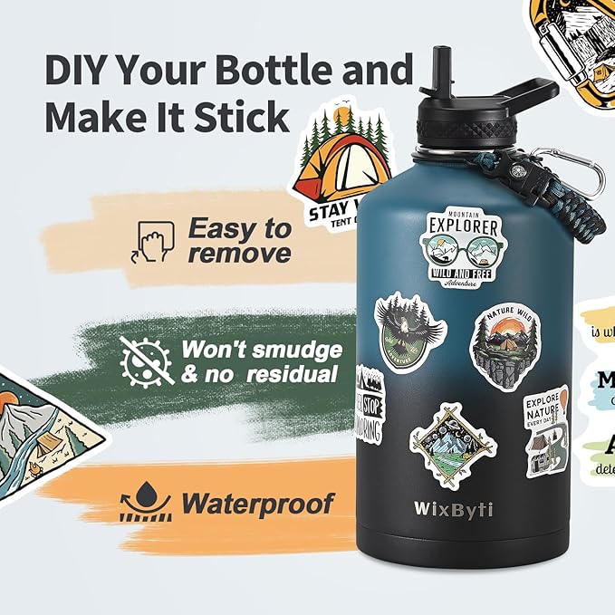 One Gallon Water Bottle Insulated with DIY Stickers, Triple Wall Vacuum Cold for 48 Hrs Leak-proof Non-BPA, 128oz Large Sports Stainless Steel Water Jug with Paracord Handle Straw Spout Lids - OVERLANDERS Outfitter
