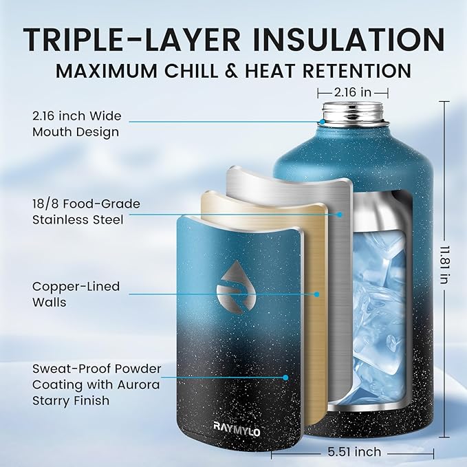 128oz Insulated Water Bottle, Triple Wall Vacuum Stainless Steel Water Bottles - Keeps Cold 48H, Reusable One Gallon Jug for Gym, Sports, Camping, Hiking,Travel, Midnight Blue Speckle - OVERLANDERS Outfitter