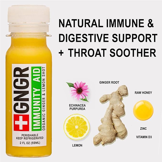 '+GNGR Immunity Aid Organic Ginger and Lemon Shot - Cold Pressed Ginger Shots with Echinacea, Lemon Juice, Honey, Zinc & Vitamin D3, Immune & Digestive Support (2 Oz, Pack of 12) - OVERLANDERS Outfitter