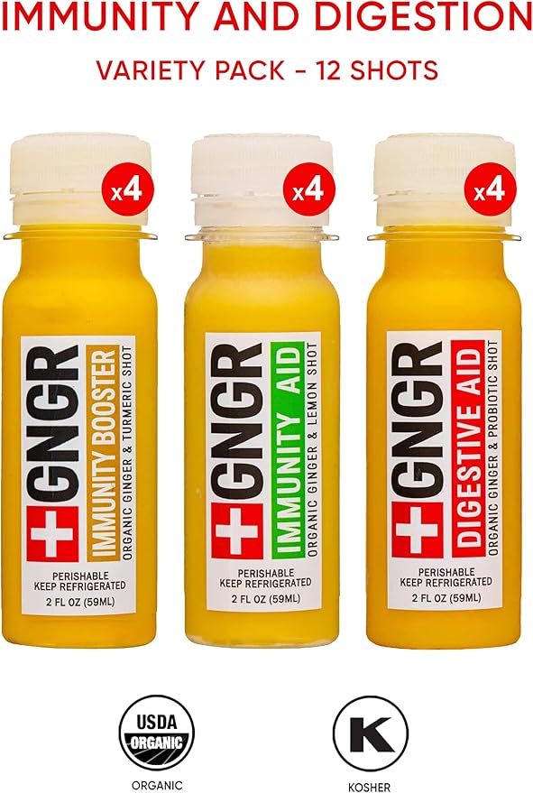 '+GNGR Immunity Sampler Organic Ginger Wellness Shots - Premium Ginger Shots for All Natural Digestive Support and Immune Support - Cold Pressed Ginger Juice - Nothing Artificial (2 Oz, Pack of 12) - OVERLANDERS Outfitter