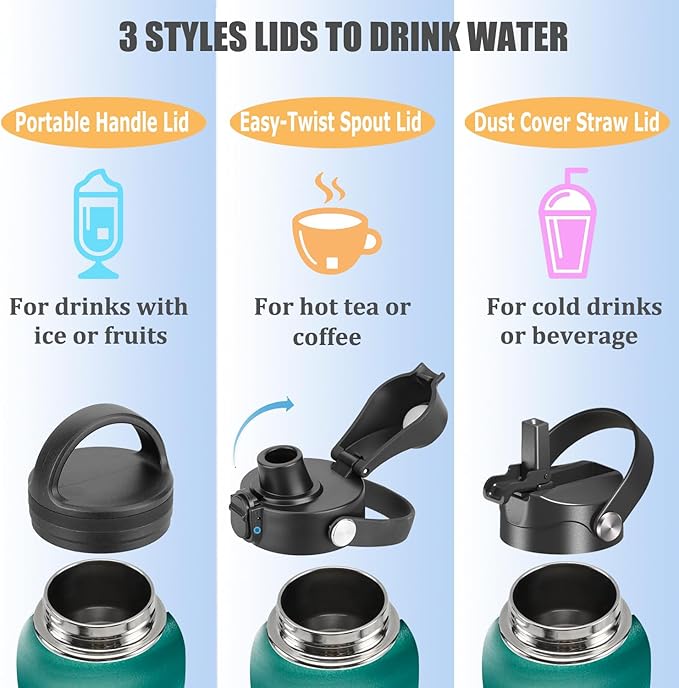 Water Bottle Insulated 32oz 40oz 64oz 128oz Straw Lid Spout Lid & 3 Lids, Leak Proof, Vacuum Insulated,Stainless Steel Water Bottle Wide Mouth for Sports, Gym or Office - OVERLANDERS Outfitter