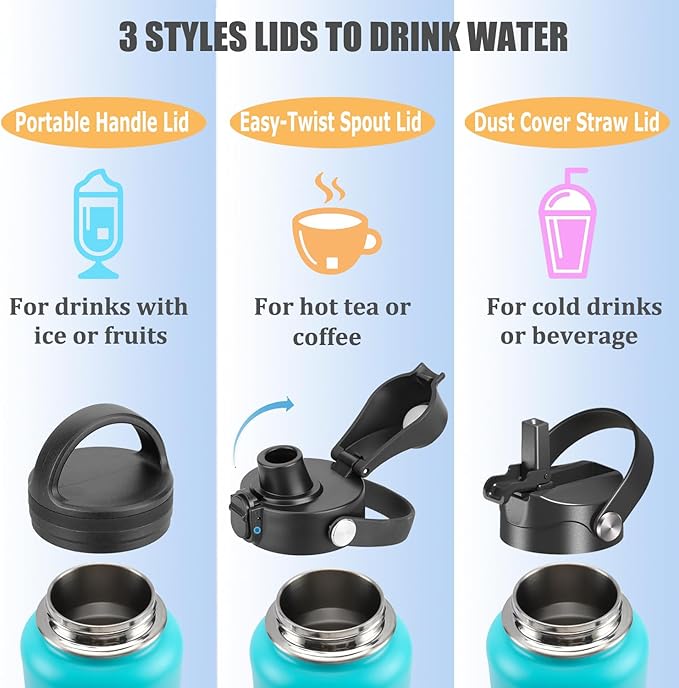 Water Bottle Insulated 32oz 40oz 64oz 128oz Straw Lid Spout Lid & 3 Lids, Leak Proof, Vacuum Insulated,Stainless Steel Water Bottle Wide Mouth for Sports, Gym or Office - OVERLANDERS Outfitter