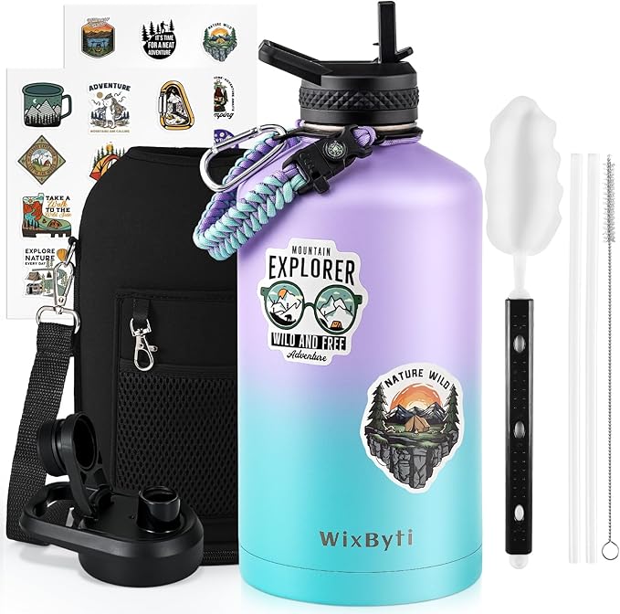One Gallon Water Bottle Insulated, Triple Wall Vacuum Cold for 48 Hrs & Leak-proof & Non-BPA, 128oz Large Sports Stainless Steel Water Jug with Paracord Handle Straw Spout Lids & DIY Stickers - OVERLANDERS Outfitter