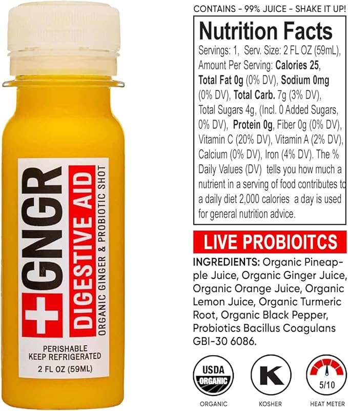 '+GNGR Digestive Aid Organic Ginger Shots with Probiotics, Gut Health, Colon Cleanse, Bloating Relief, Gut Detox, Immunity Shots with Ginger Juice, Turmeric, Black Pepper. (2 Oz, Pack of 12) - OVERLANDERS Outfitter