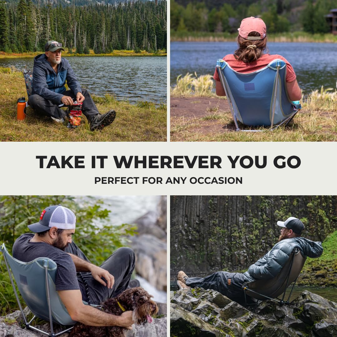 GrandTrunk Mayfly Low Ground Collapsible Chair set up outdoors, lightweight and portable for camping or outdoor seating.