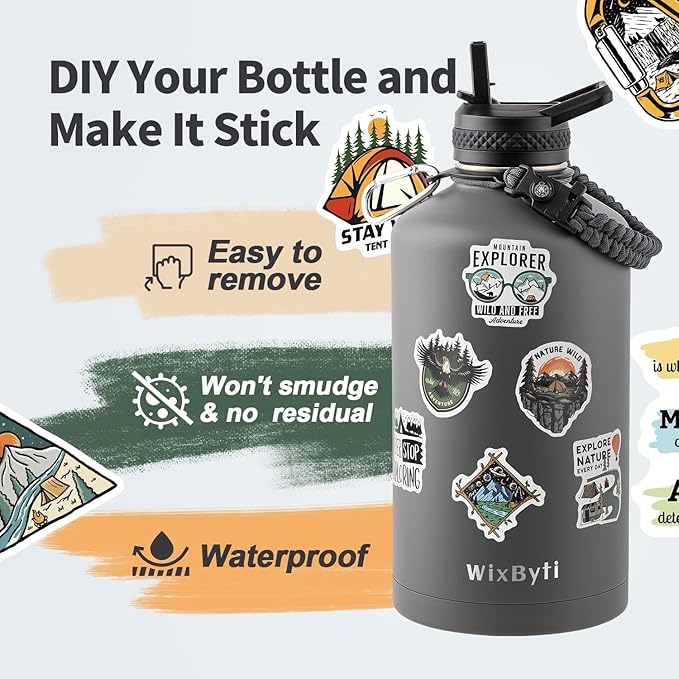 One Gallon Water Bottle Insulated, Triple Wall Vacuum Cold for 48 Hrs & Leak-proof & Non-BPA, 128oz Large Sports Stainless Steel Water Jug with Paracord Handle Straw Spout Lids & DIY Stickers - OVERLANDERS Outfitter