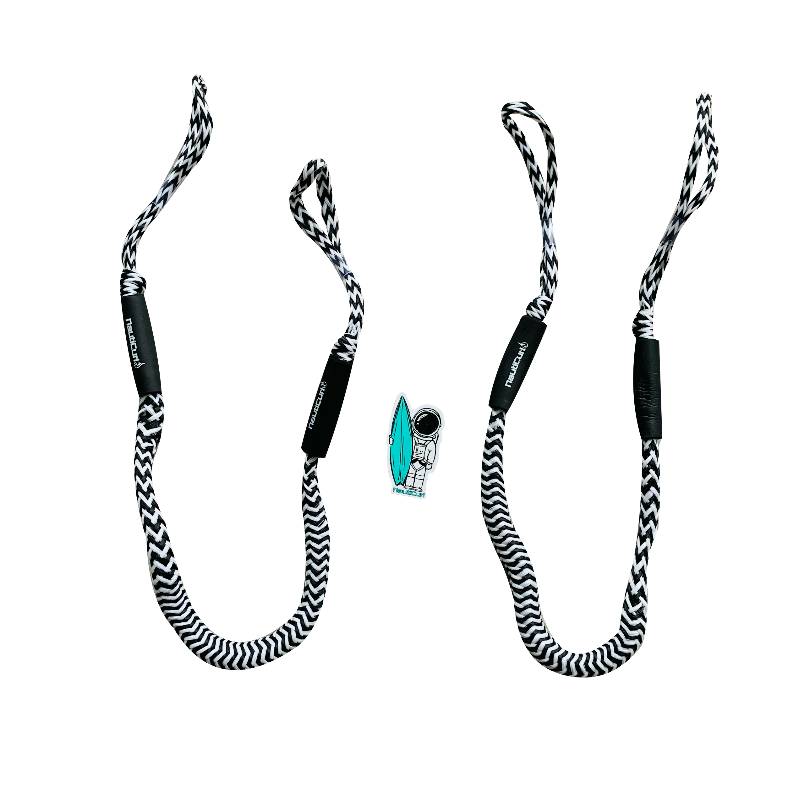 Two NautiCurl LLC shock-absorbing bungee boat ropes for marine towing and docking, featuring durable, flexible design for secure anchoring.