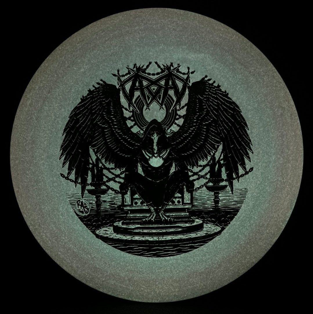 ESP Glo Buzzz disc golf disc by Rare Air Discs, featuring Karudi the Overseer from Cult of RAD, with vibrant glow finish.