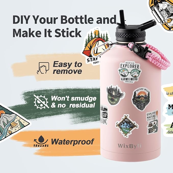 One Gallon Water Bottle Insulated, Triple Wall Vacuum Cold for 48 Hrs & Leak-proof & Non-BPA, 128oz Large Sports Stainless Steel Water Jug with Paracord Handle Straw Spout Lids & DIY Stickers - OVERLANDERS Outfitter