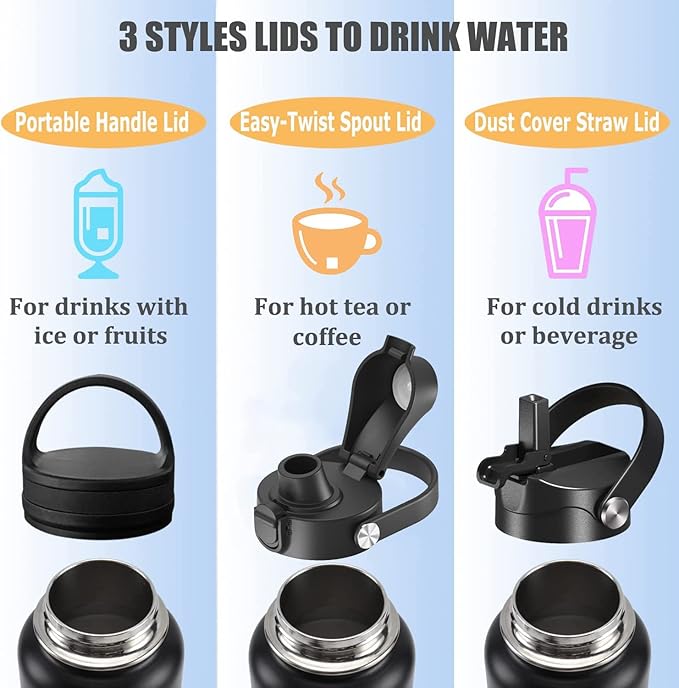 Water Bottle Insulated 32oz 40oz 64oz 128oz Straw Lid Spout Lid & 3 Lids, Leak Proof, Vacuum Insulated,Stainless Steel Water Bottle Wide Mouth for Sports, Gym or Office - OVERLANDERS Outfitter
