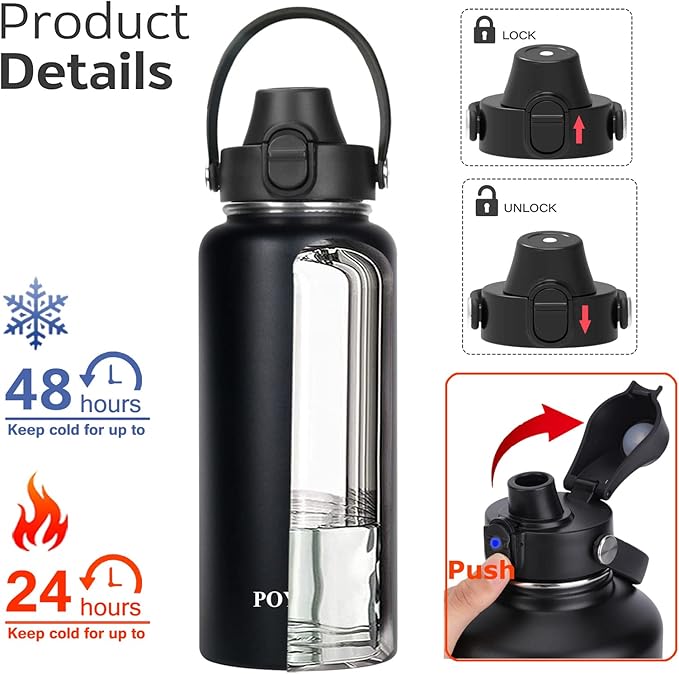 Water Bottle Insulated 32oz 40oz 64oz 128oz Straw Lid Spout Lid & 3 Lids, Leak Proof, Vacuum Insulated,Stainless Steel Water Bottle Wide Mouth for Sports, Gym or Office - OVERLANDERS Outfitter