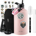 One Gallon Water Bottle Insulated, Triple Wall Vacuum Cold for 48 Hrs & Leak-proof & Non-BPA, 128oz Large Sports Stainless Steel Water Jug with Paracord Handle Straw Spout Lids & DIY Stickers - OVERLANDERS Outfitter
