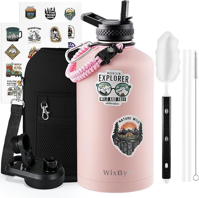 One Gallon Water Bottle Insulated, Triple Wall Vacuum Cold for 48 Hrs & Leak-proof & Non-BPA, 128oz Large Sports Stainless Steel Water Jug with Paracord Handle Straw Spout Lids & DIY Stickers - OVERLANDERS Outfitter