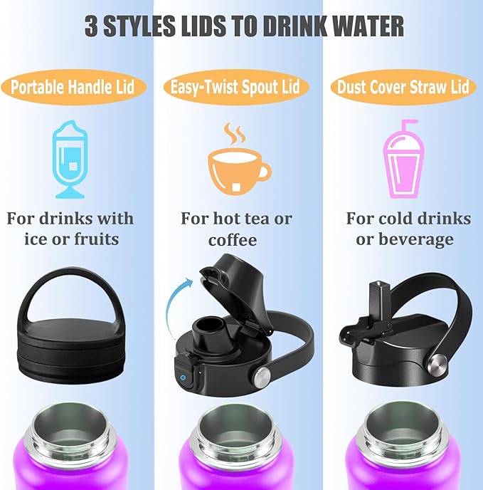 Water Bottle Insulated 32oz 40oz 64oz 128oz Straw Lid Spout Lid & 3 Lids, Leak Proof, Vacuum Insulated,Stainless Steel Water Bottle Wide Mouth for Sports, Gym or Office - OVERLANDERS Outfitter