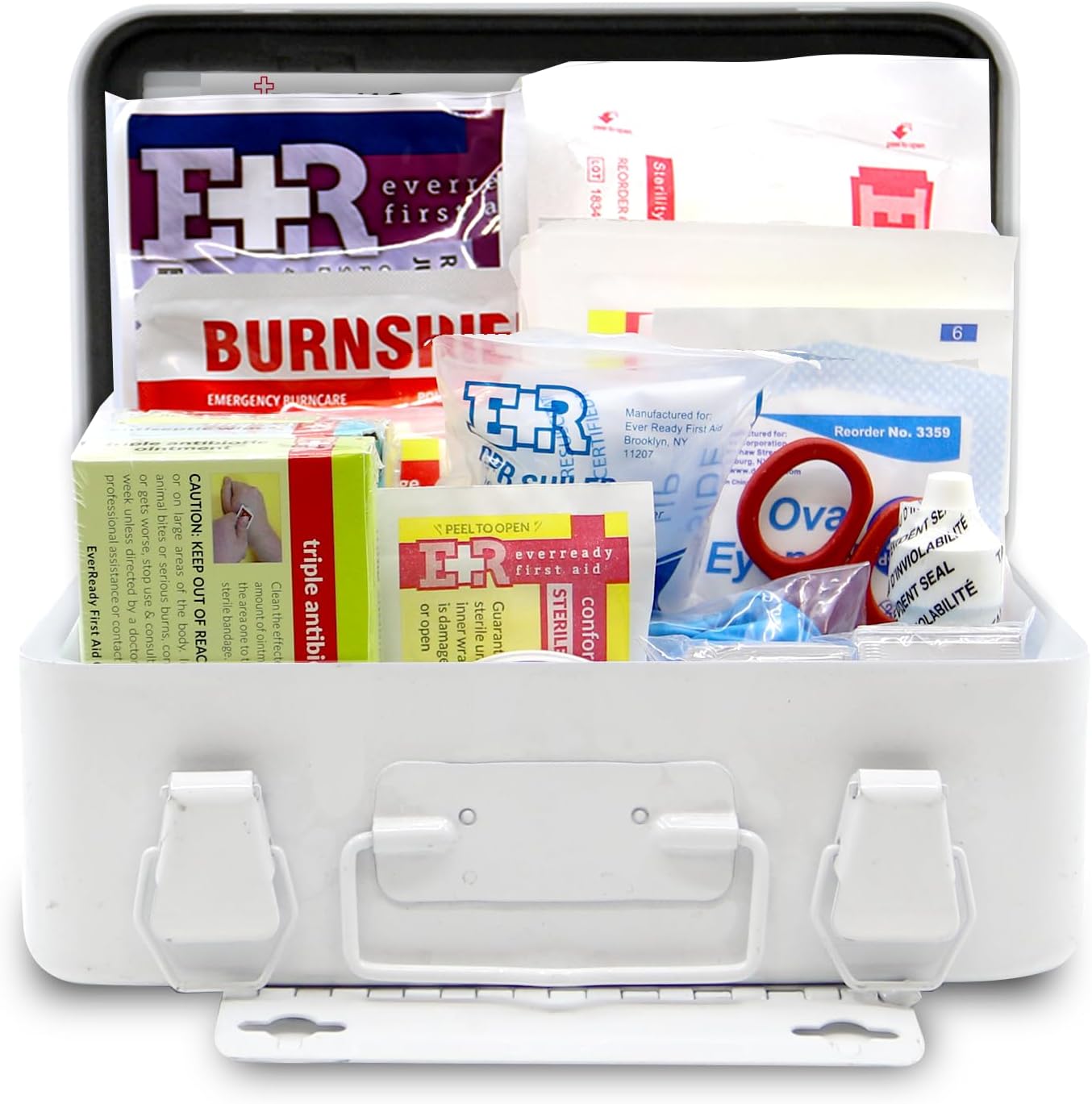MediTac Kits 10-person first aid kit with metal case, containing bandages, antiseptics, scissors, and medical supplies for emergencies.