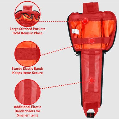 MediTac Kits premium tactical IFAK first aid kit with rip-away Velcro, SOF tourniquet, and CELOX in a compact red pouch.