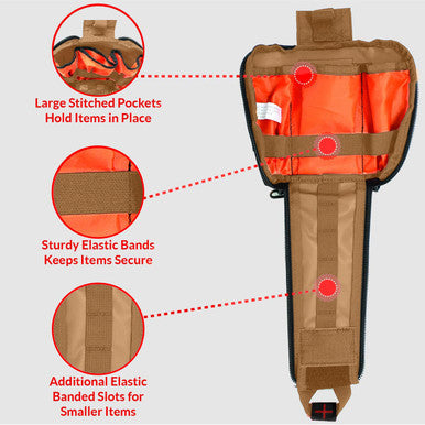 MediTac Kits premium tactical IFAK first aid kit with rip-away Velcro, SOF tourniquet, and CELOX in a tan compact pouch.
