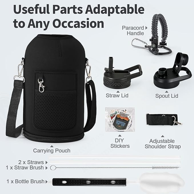 One Gallon Water Bottle Insulated, Triple Wall Vacuum Cold for 48 Hrs & Leak-proof & Non-BPA, 128oz Large Sports Stainless Steel Water Jug with Paracord Handle Straw Spout Lids & DIY Stickers - OVERLANDERS Outfitter