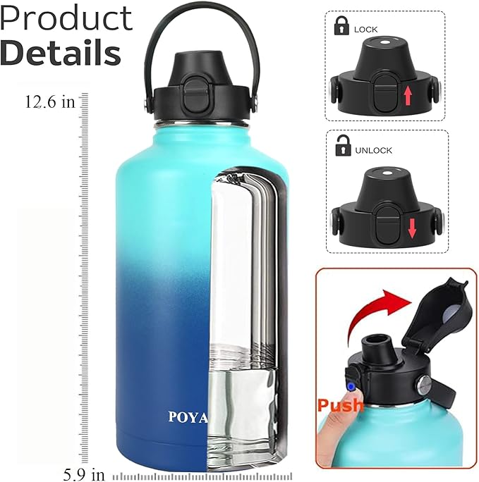 Water Bottle Insulated 32oz 40oz 64oz 128oz Straw Lid Spout Lid & 3 Lids, Leak Proof, Vacuum Insulated,Stainless Steel Water Bottle Wide Mouth for Sports, Gym or Office - OVERLANDERS Outfitter