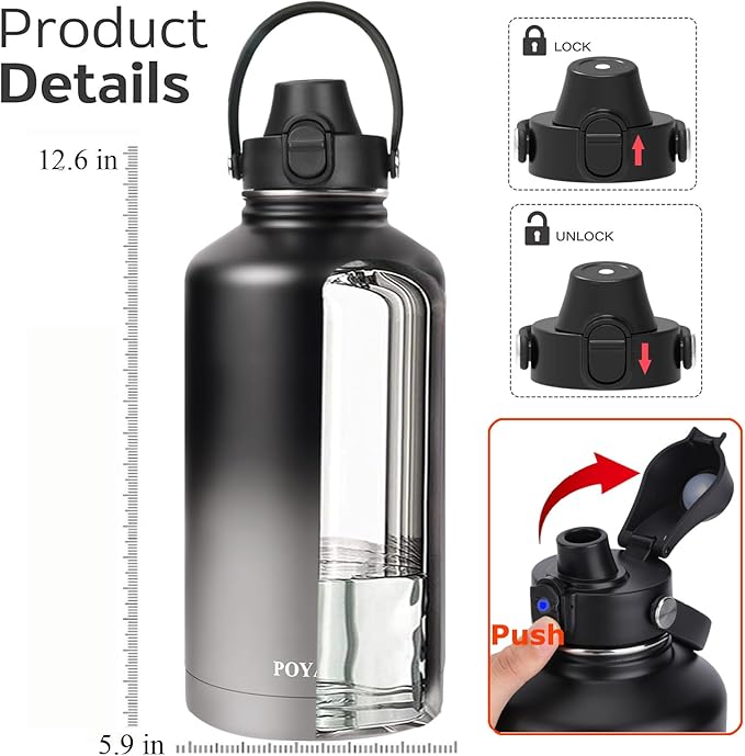 Water Bottle Insulated 32oz 40oz 64oz 128oz Straw Lid Spout Lid & 3 Lids, Leak Proof, Vacuum Insulated,Stainless Steel Water Bottle Wide Mouth for Sports, Gym or Office - OVERLANDERS Outfitter