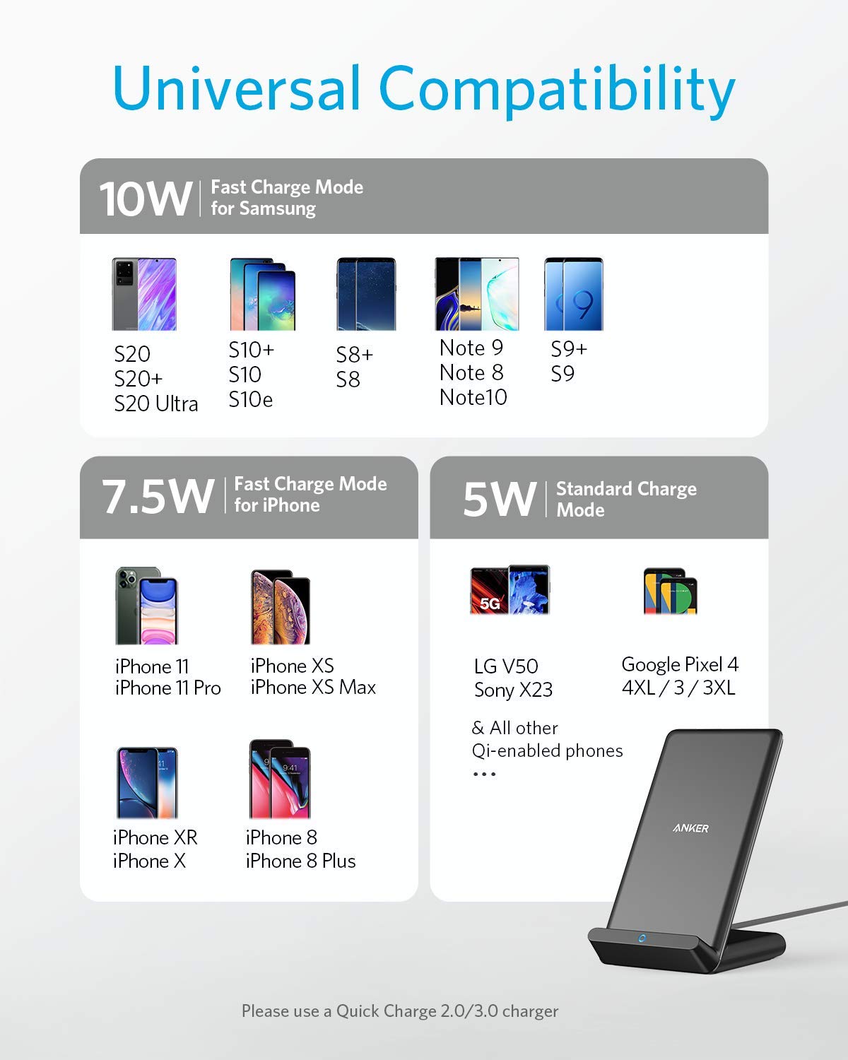 Anker 313 wireless charging stand with a sleek black design, featuring a stand for wirelessly charging compatible devices.