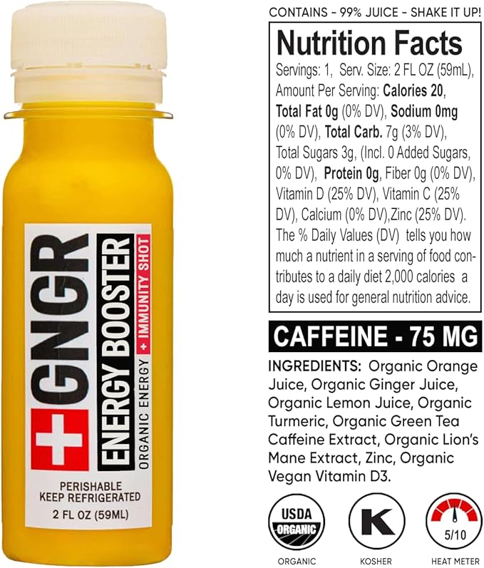 '+GNGR Energy Booster & Immunity Shot, Cold-Pressed Ginger Shots with Lions Mane, 75mg of Natural Caffeine Green Tea, Turmeric Root, Vitamin D & Zinc for All Natural Immune Support (2 Oz, Pack of 12) - OVERLANDERS Outfitter