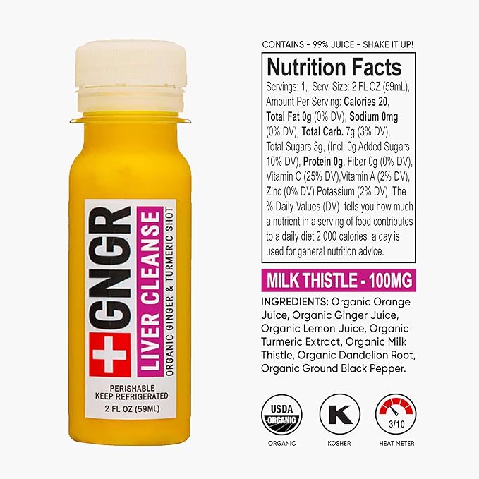 '+GNGR Liver Cleanse Shot, Cold-Pressed Ginger Shot with Milk Thistle, Dandelion Root, Turmeric Root, Immunity Shot for all natural Liver Support, Detox, Immunity, Digestion, Cleanse (2 Oz, Pack of 12) - OVERLANDERS Outfitter