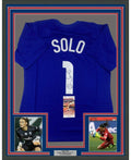 Framed Autographed/Signed Hope Solo 35x39 United States USA Blue Soccer Jersey JSA COA - OVERLANDERS Outfitter