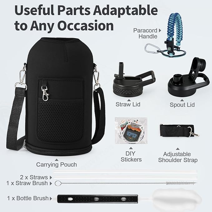 One Gallon Water Bottle Insulated, Triple Wall Vacuum Cold for 48 Hrs & Leak-proof & Non-BPA, 128oz Large Sports Stainless Steel Water Jug with Paracord Handle Straw Spout Lids & DIY Stickers - OVERLANDERS Outfitter