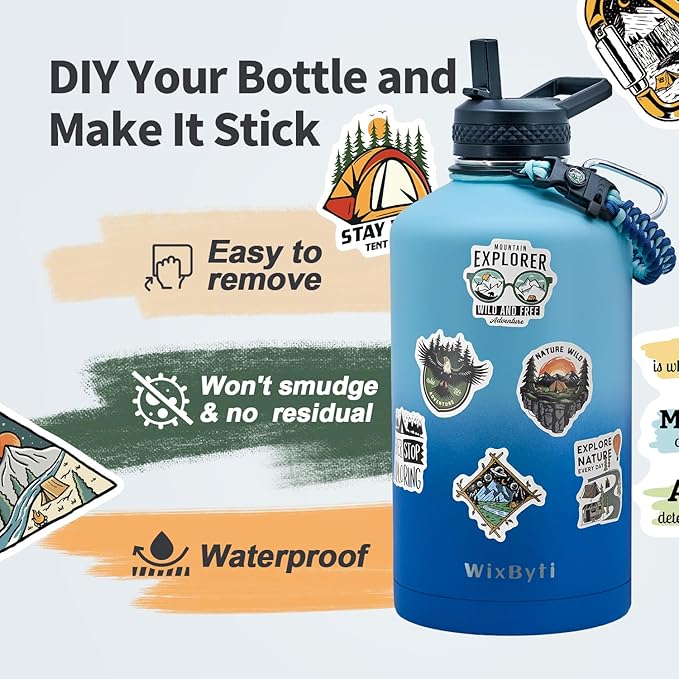 One Gallon Water Bottle Insulated, Triple Wall Vacuum Cold for 48 Hrs & Leak-proof & Non-BPA, 128oz Large Sports Stainless Steel Water Jug with Paracord Handle Straw Spout Lids & DIY Stickers - OVERLANDERS Outfitter