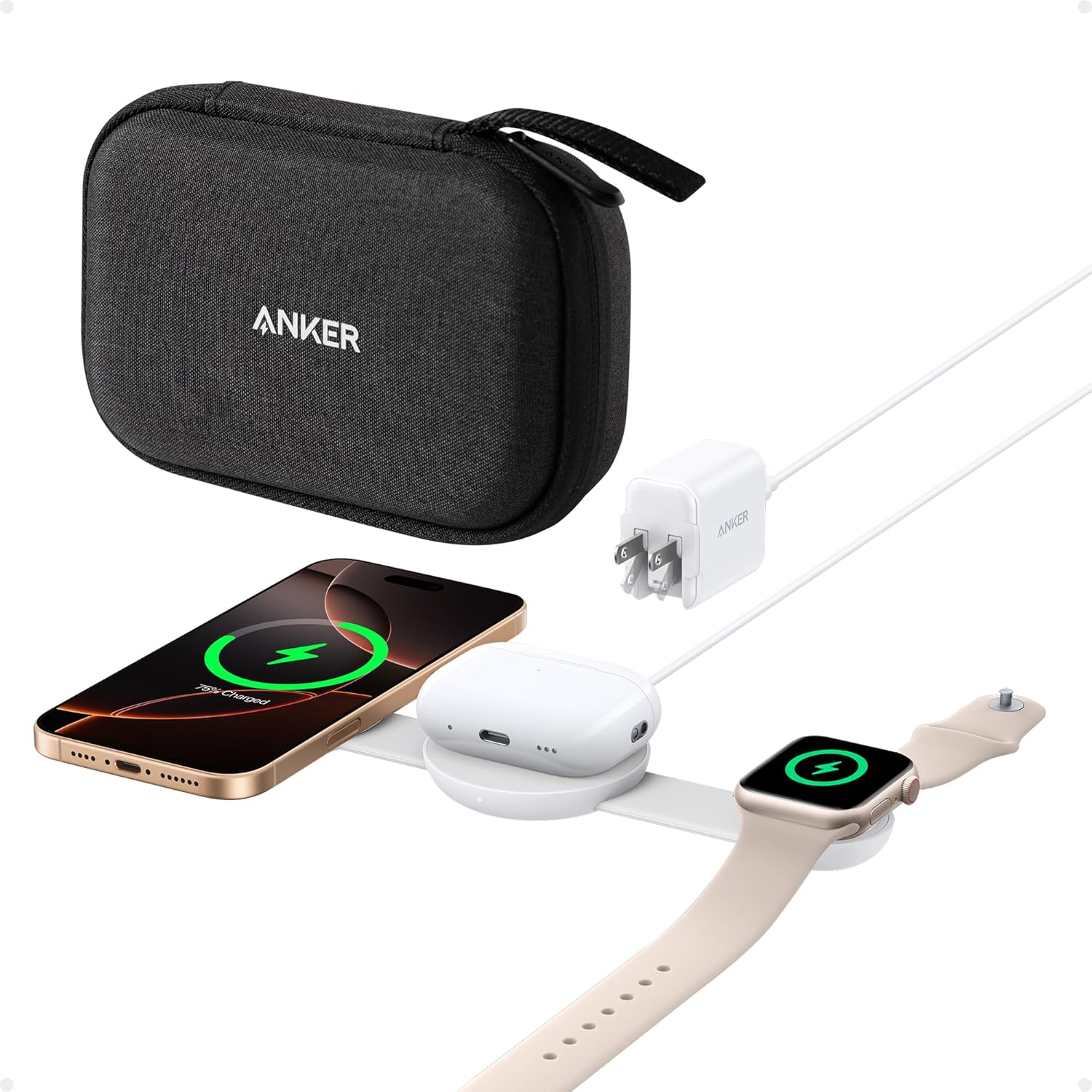 Anker MagGo 3-in-1 wireless charging station with foldable pad for iPhone, Apple Watch, and AirPods, black and compact design