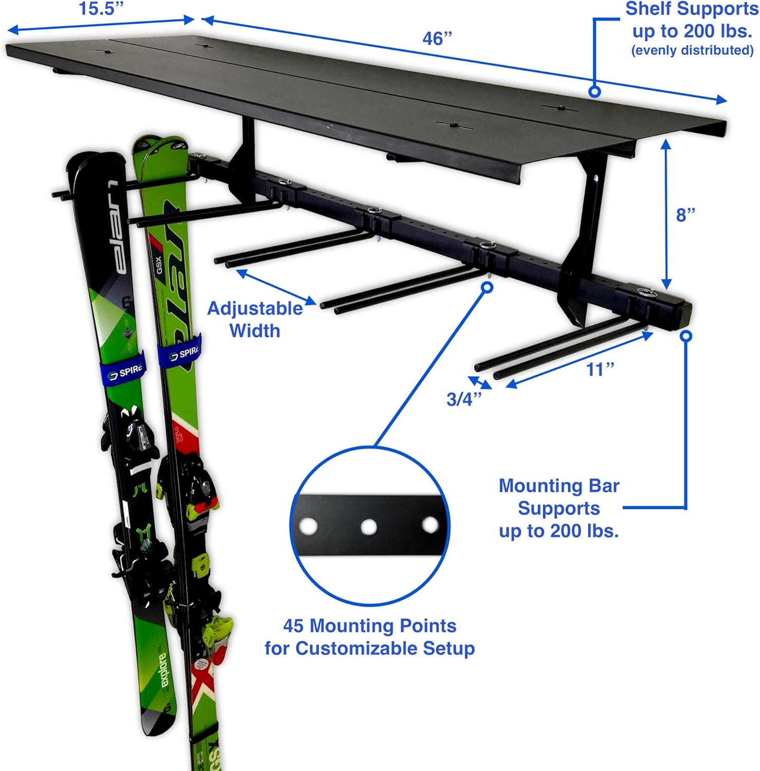 Solitude Ski Solid Shelf | Adjustable Wall Storage System | Holds 10 Pairs of Skis - OVERLANDERS Outfitter