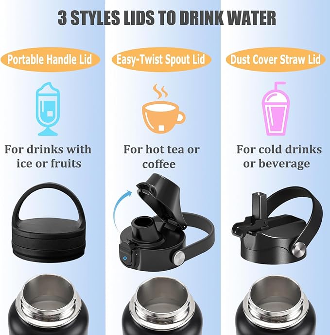 Water Bottle Insulated 32oz 40oz 64oz 128oz Straw Lid Spout Lid & 3 Lids, Leak Proof, Vacuum Insulated,Stainless Steel Water Bottle Wide Mouth for Sports, Gym or Office - OVERLANDERS Outfitter