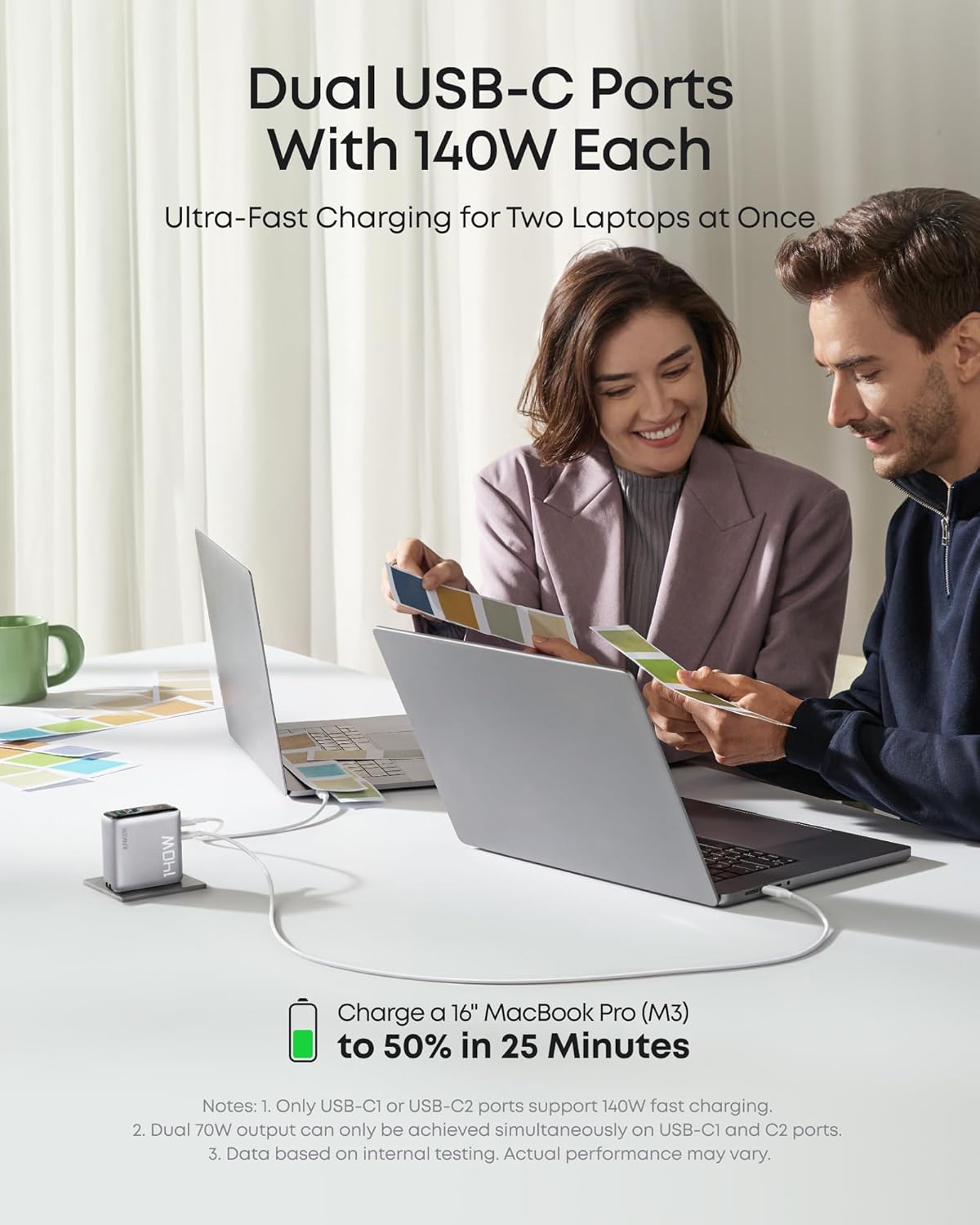 Anker 140W 4-port USB-C charger with PD 3.1 and included USB-C cable, showing the compact charger plugged into a power outlet.