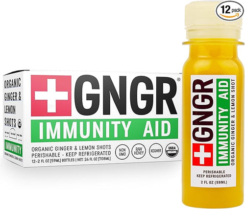 '+GNGR Immunity Aid Organic Ginger and Lemon Shot - Cold Pressed Ginger Shots with Echinacea, Lemon Juice, Honey, Zinc & Vitamin D3, Immune & Digestive Support (2 Oz, Pack of 12) - OVERLANDERS Outfitter