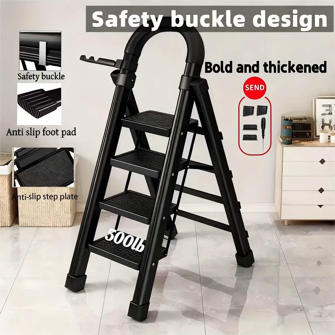 Portable steel folding 3/4-step ladder with anti-slip steps, ideal for kitchen tools and gadgets.