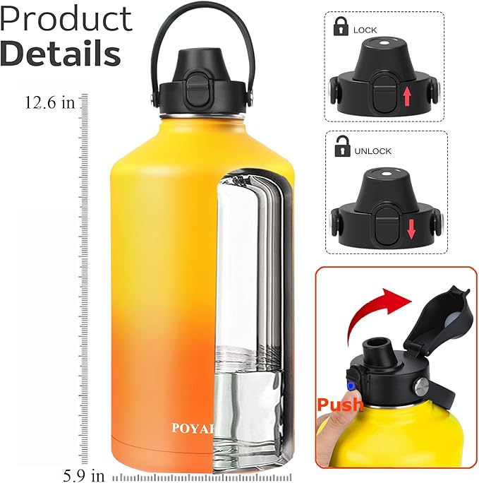 Water Bottle Insulated 32oz 40oz 64oz 128oz Straw Lid Spout Lid & 3 Lids, Leak Proof, Vacuum Insulated,Stainless Steel Water Bottle Wide Mouth for Sports, Gym or Office - OVERLANDERS Outfitter