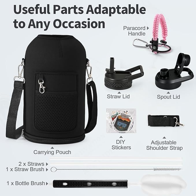 One Gallon Water Bottle Insulated, Triple Wall Vacuum Cold for 48 Hrs & Leak-proof & Non-BPA, 128oz Large Sports Stainless Steel Water Jug with Paracord Handle Straw Spout Lids & DIY Stickers - OVERLANDERS Outfitter